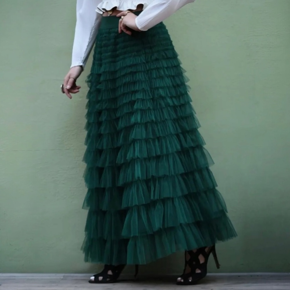 Multilayer Green Tiered Tulle Maxi Skirt NWT Boho Layered Mesh Tutu | Large XL